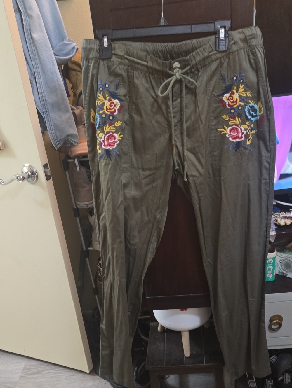 Women's Olive Green Boot Flare Pants with Floral Embroidery